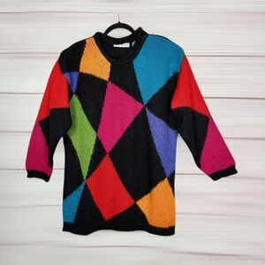 Valerie Stevens Vintage Mohair Long Sweater Tunic Multicolor Geometric Print L